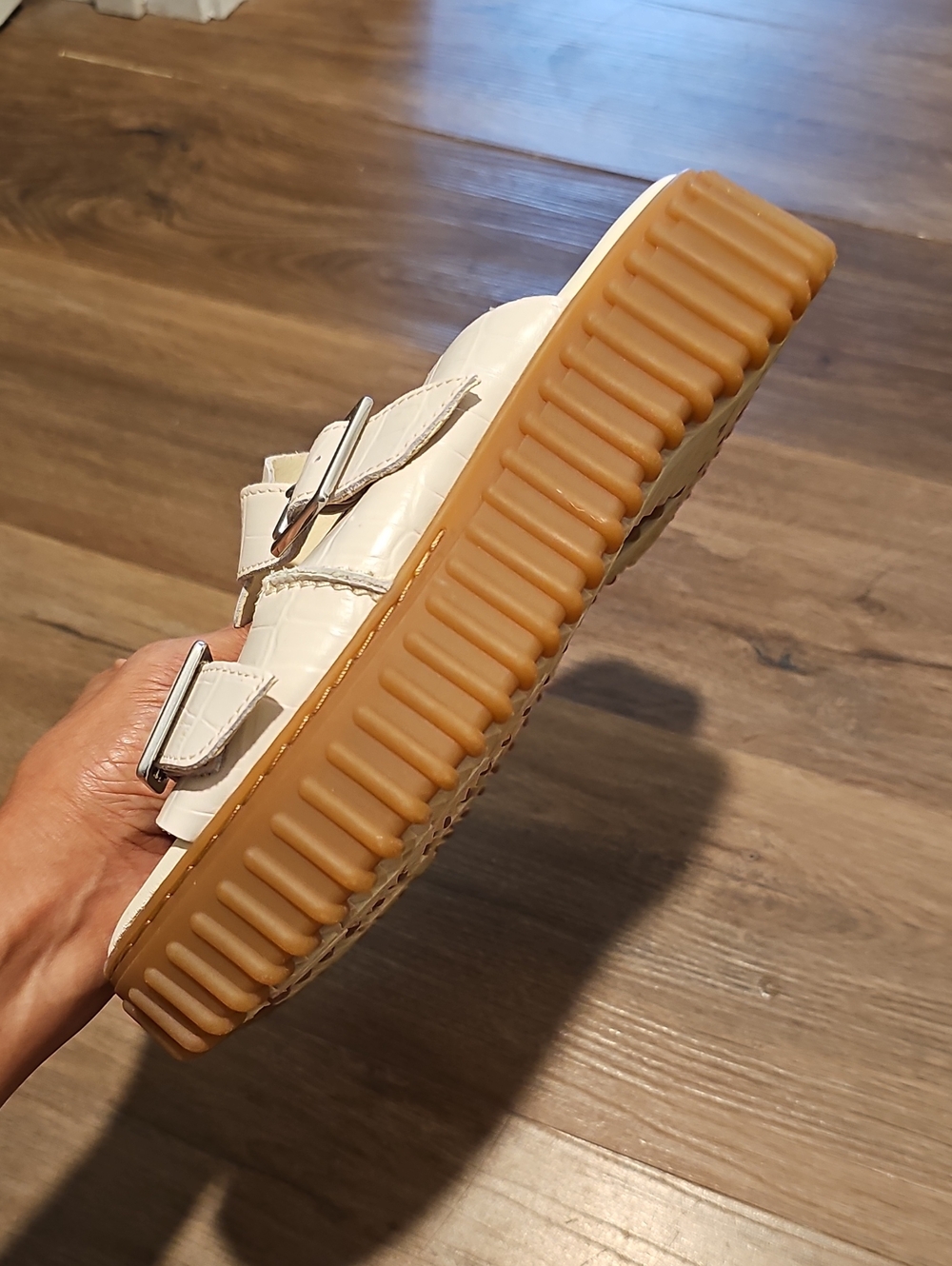 Clarks Cream Sandal with Brown Ribbed Sole - Picture 10 of 13